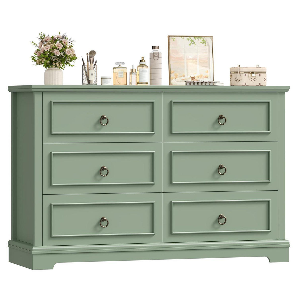 Kommode 6 Schubladen, 120cm Holzoptik Grün – Schlafzimmer Sideboard