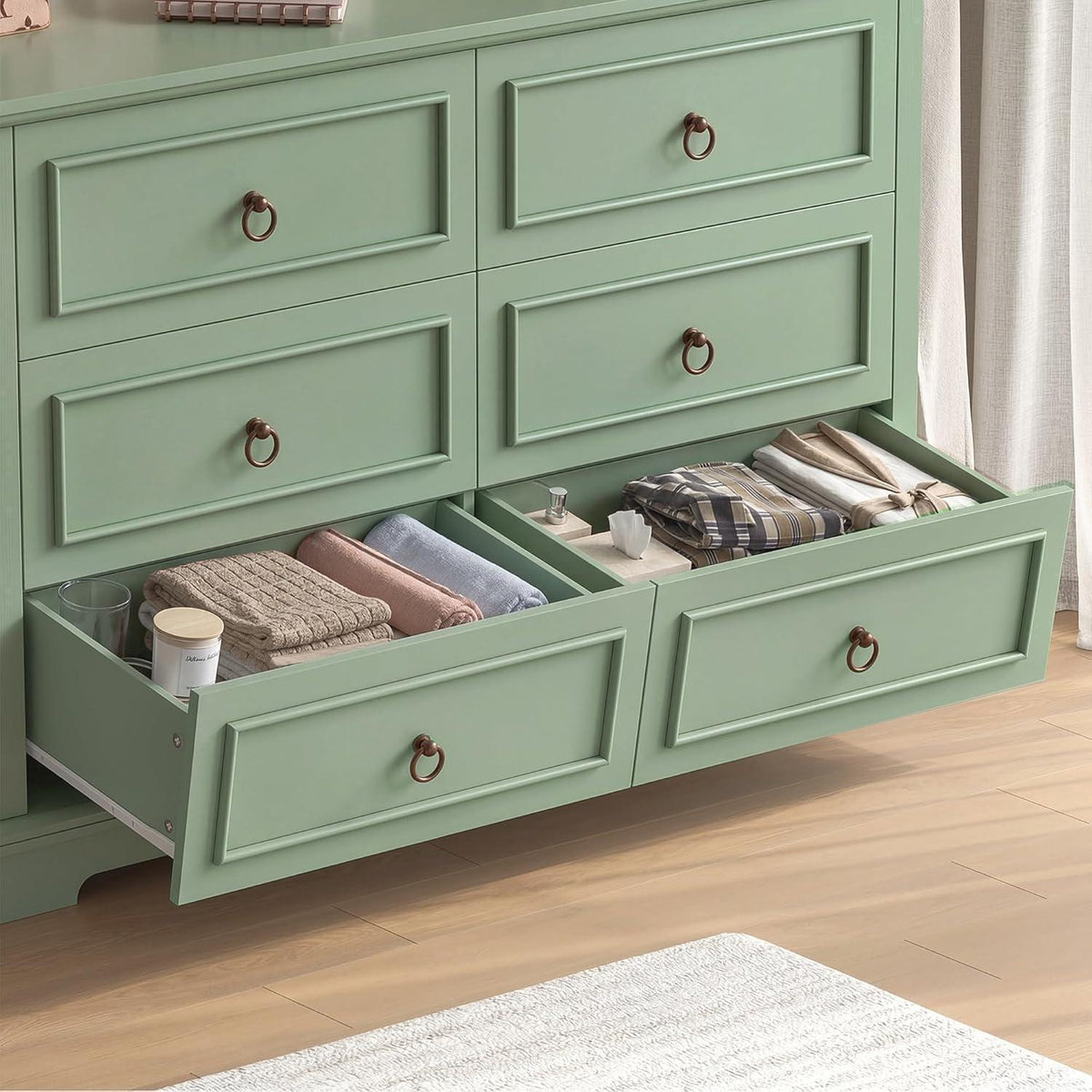 Kommode 6 Schubladen, 120cm Holzoptik Grün – Schlafzimmer Sideboard