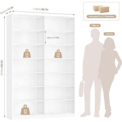 Bücherregal 212cm, 14 Fächer, Weiß – Standregal für Wohnzimmer