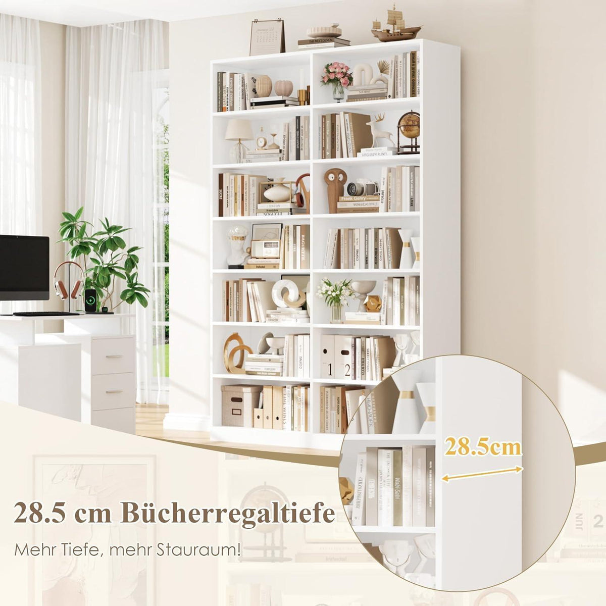 Bücherregal 212cm, 14 Fächer, Weiß – Standregal für Wohnzimmer