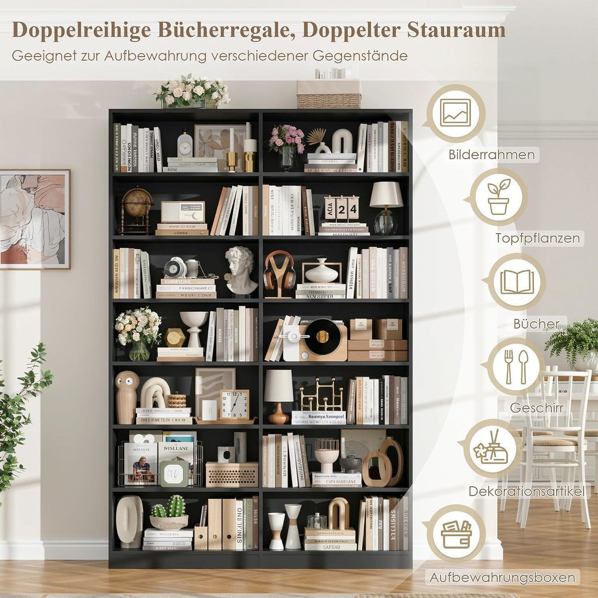 Bücherregal 212cm, 14 Fächer, Schwarz – Standregal & Vitrine