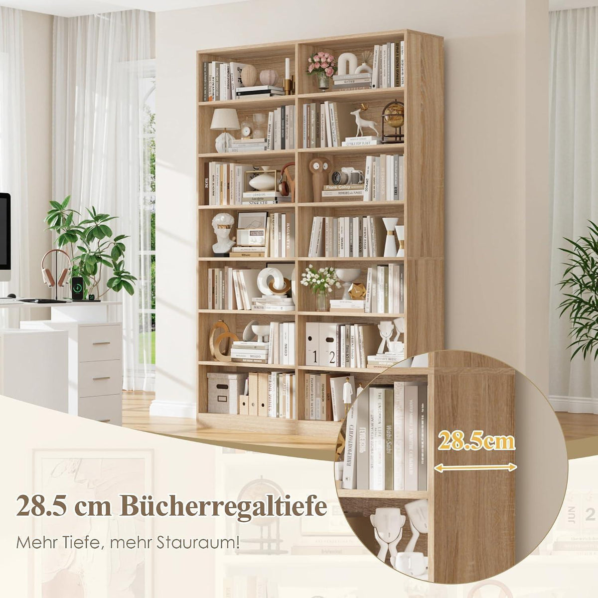 Bücherregal Eiche, 212 cm hoch, 14 Fächer – Standregal & Vitrine