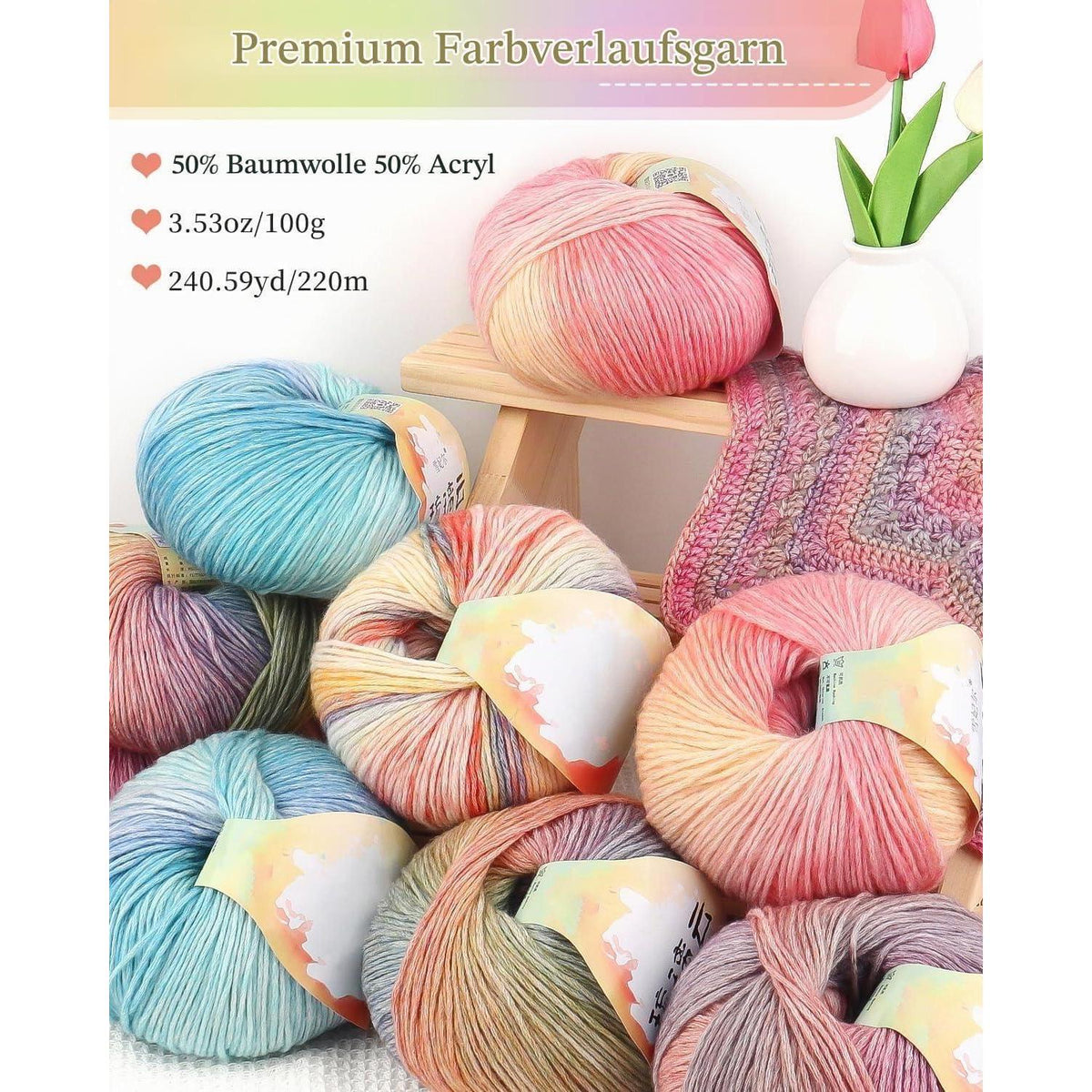 Farbverlaufsgarn 200g - Wolle zum Häkeln & Stricken Regenbogen