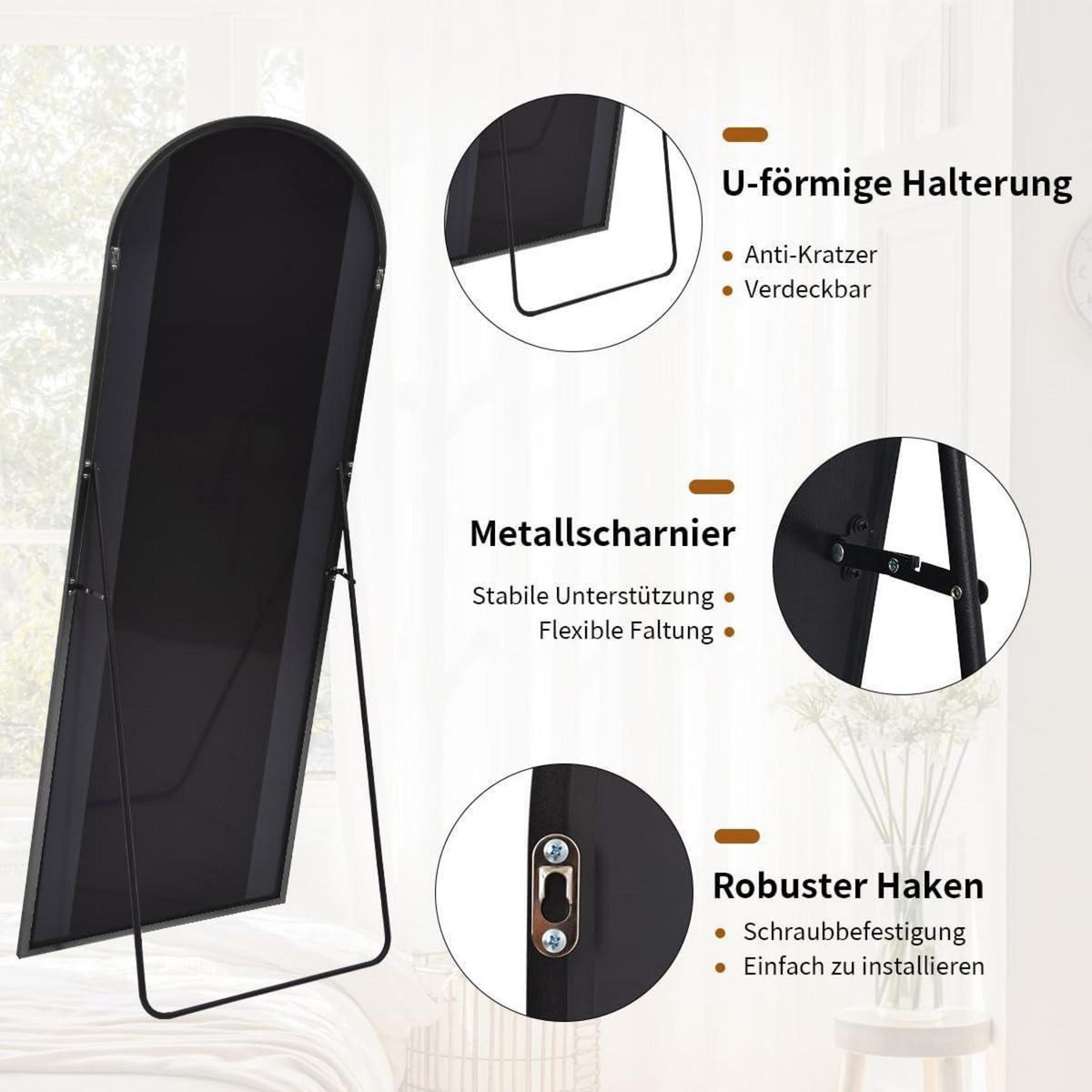 Ganzkörperspiegel Bogenförmig Schwarz – 170x70cm, Stand/Wand