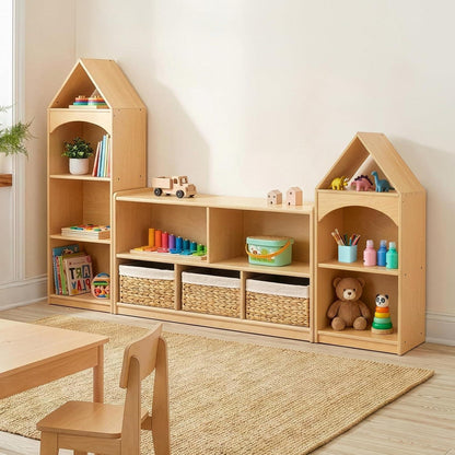 Kinderregal 3 Etagen Hausform | Holz Spielzeugaufbewahrung
