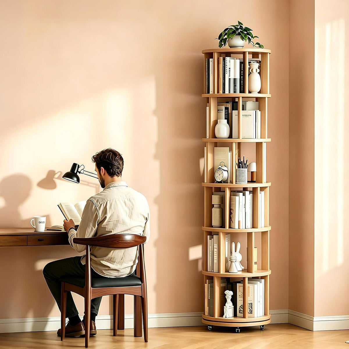 Drehbares Bücherregal aus Massivholz – 6-stöckig & 360° rotierend
