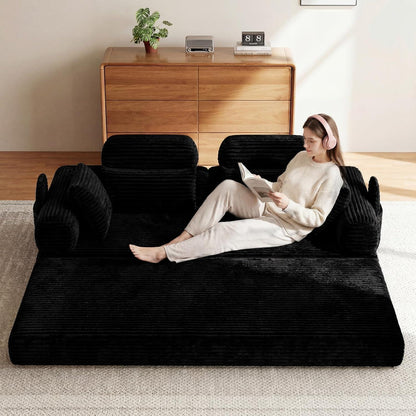 Schlafsofa 200cm mit Cordbezug & Kopfstütze – Schwarz