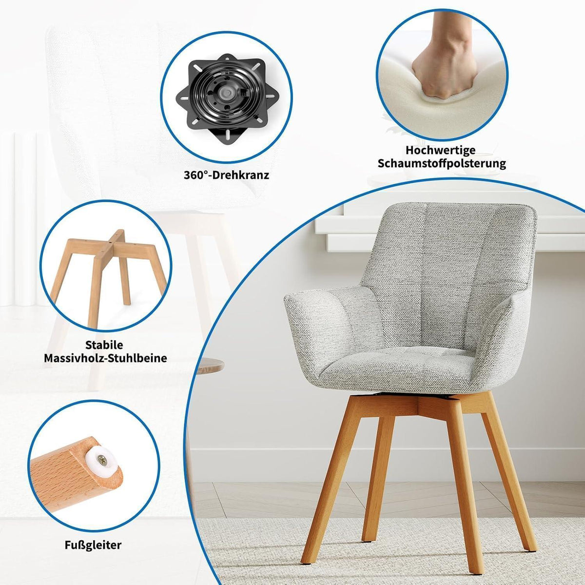4er Set Drehstühle Samt, Hellgrau – Esszimmer, Wohnzimmer