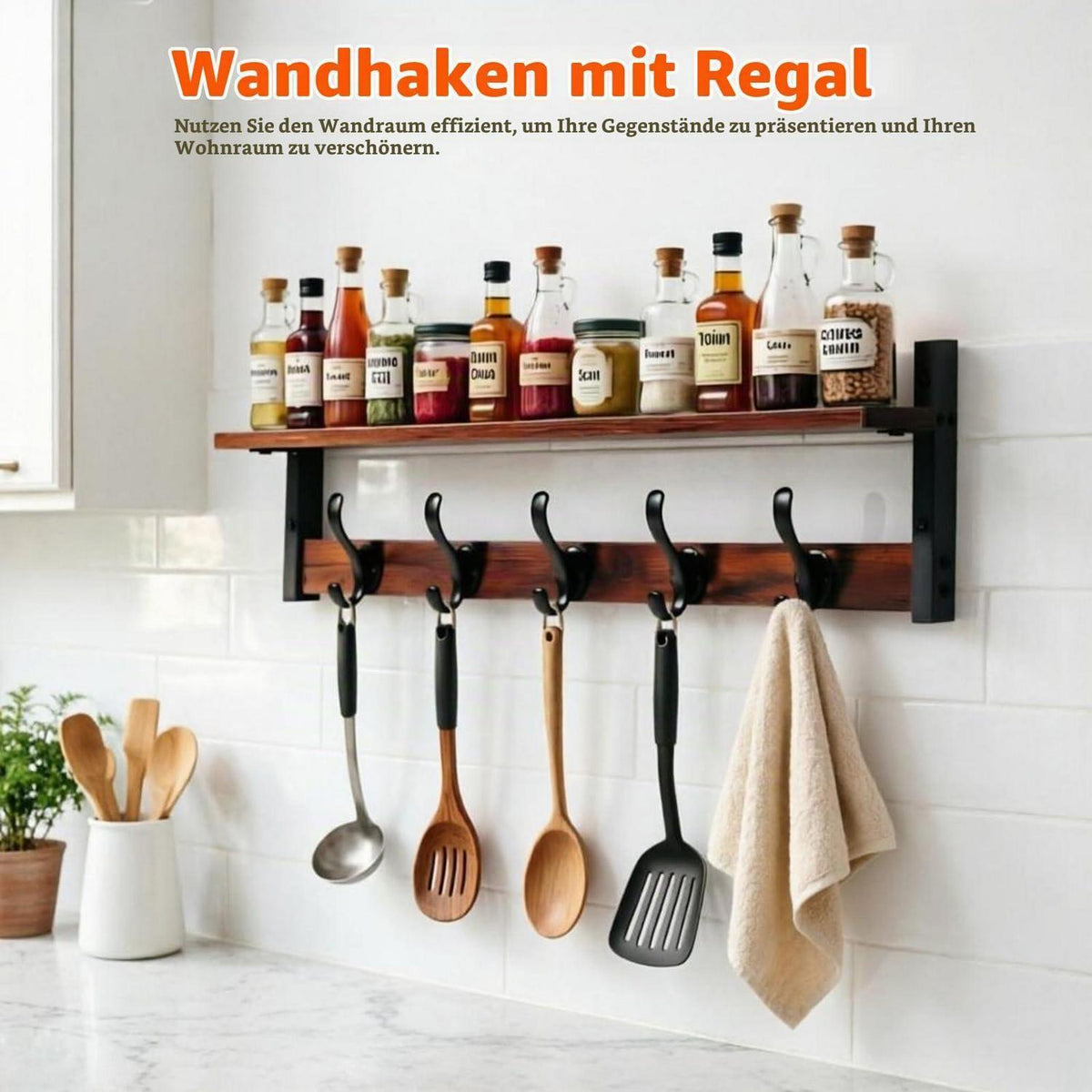 Wandgarderobe mit Ablage und 5 Haken aus Holz