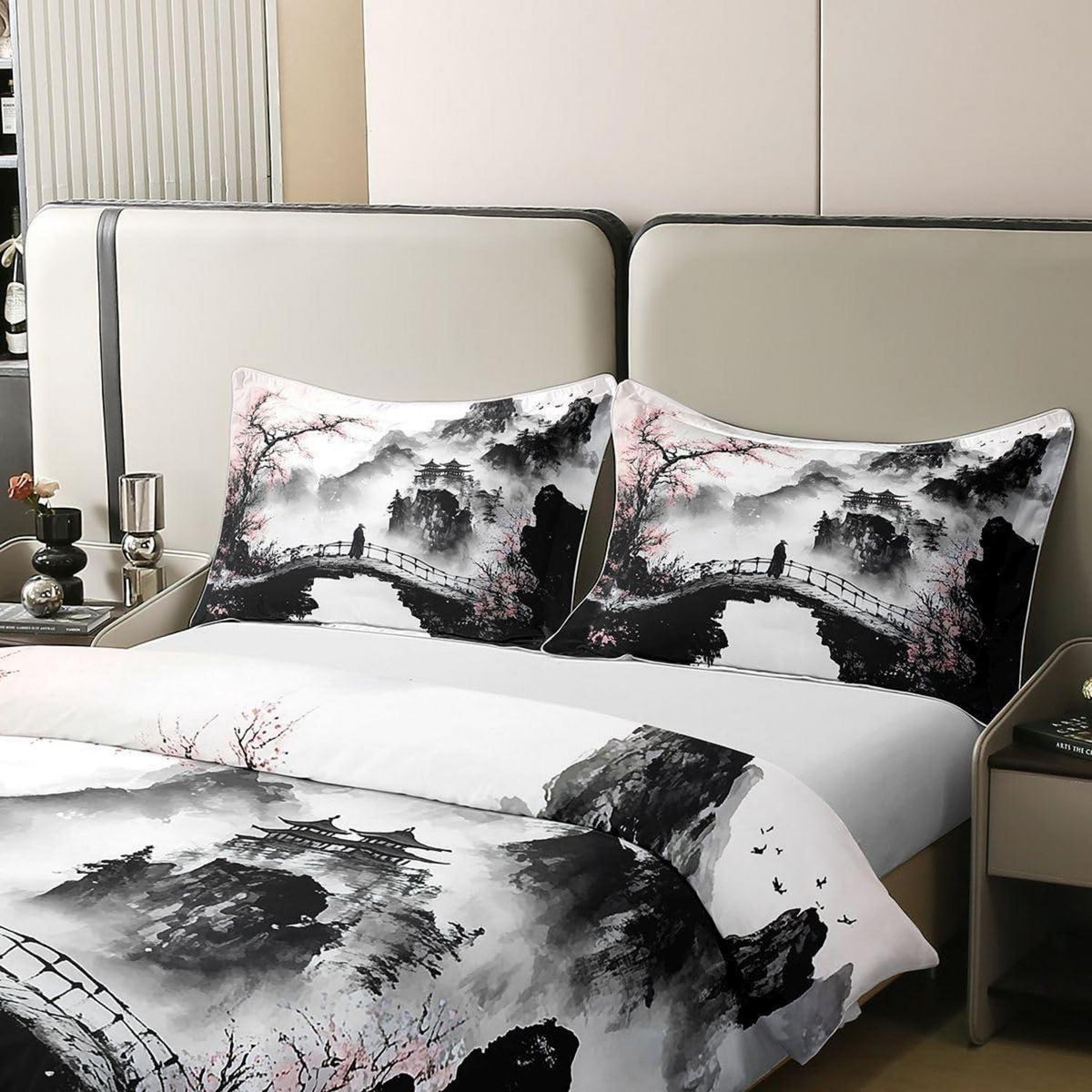 Tusche-Stil Bettwäsche-Set Japanische Kirschblüten 220x240