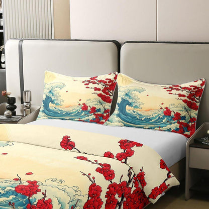 Japanischer Ukiyo-e Bettbezug Set 220x240 Baumwolle Rot Beige