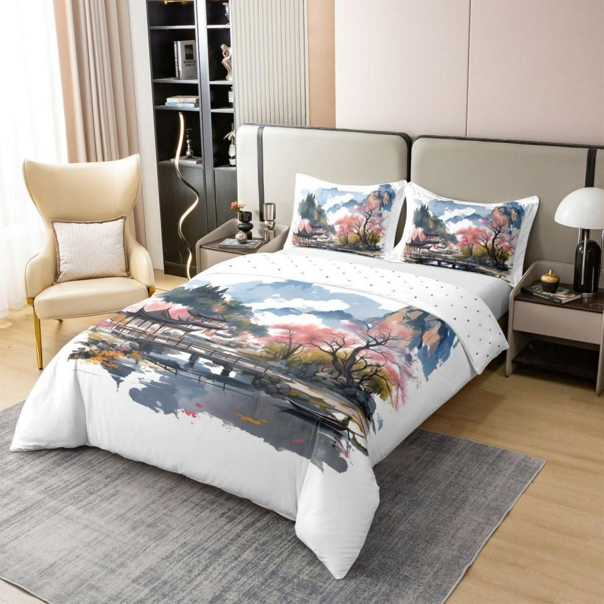 Chinesische Tuschemalerei Bettwäsche Set 135x200 Baumwolle