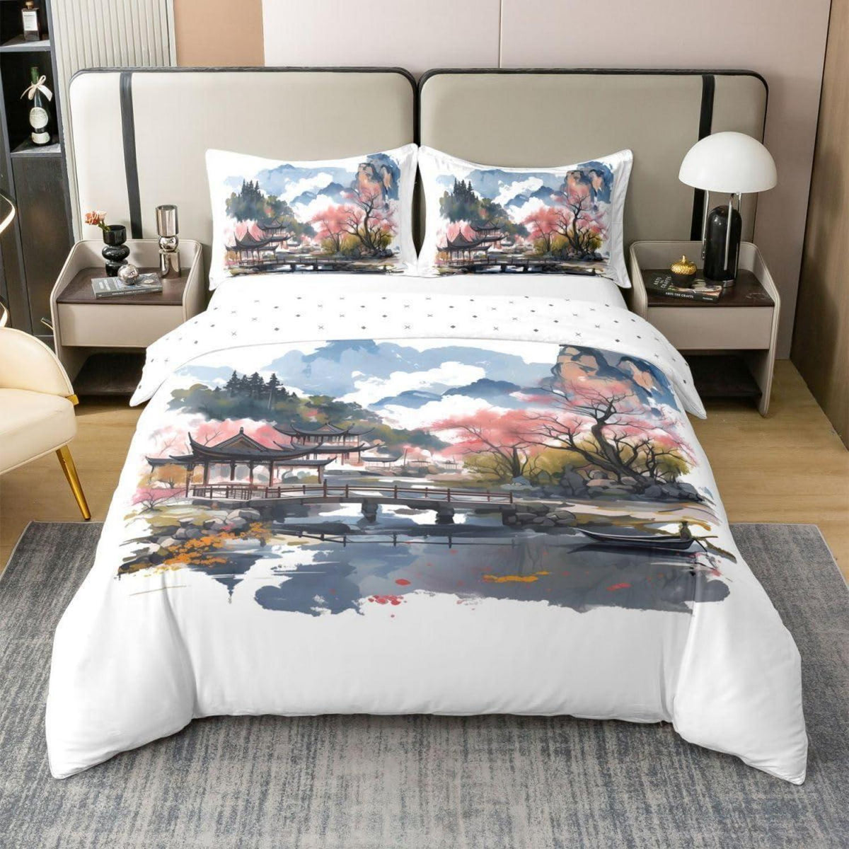 Chinesische Tuschemalerei Bettwäsche Set 220x240 Baumwolle
