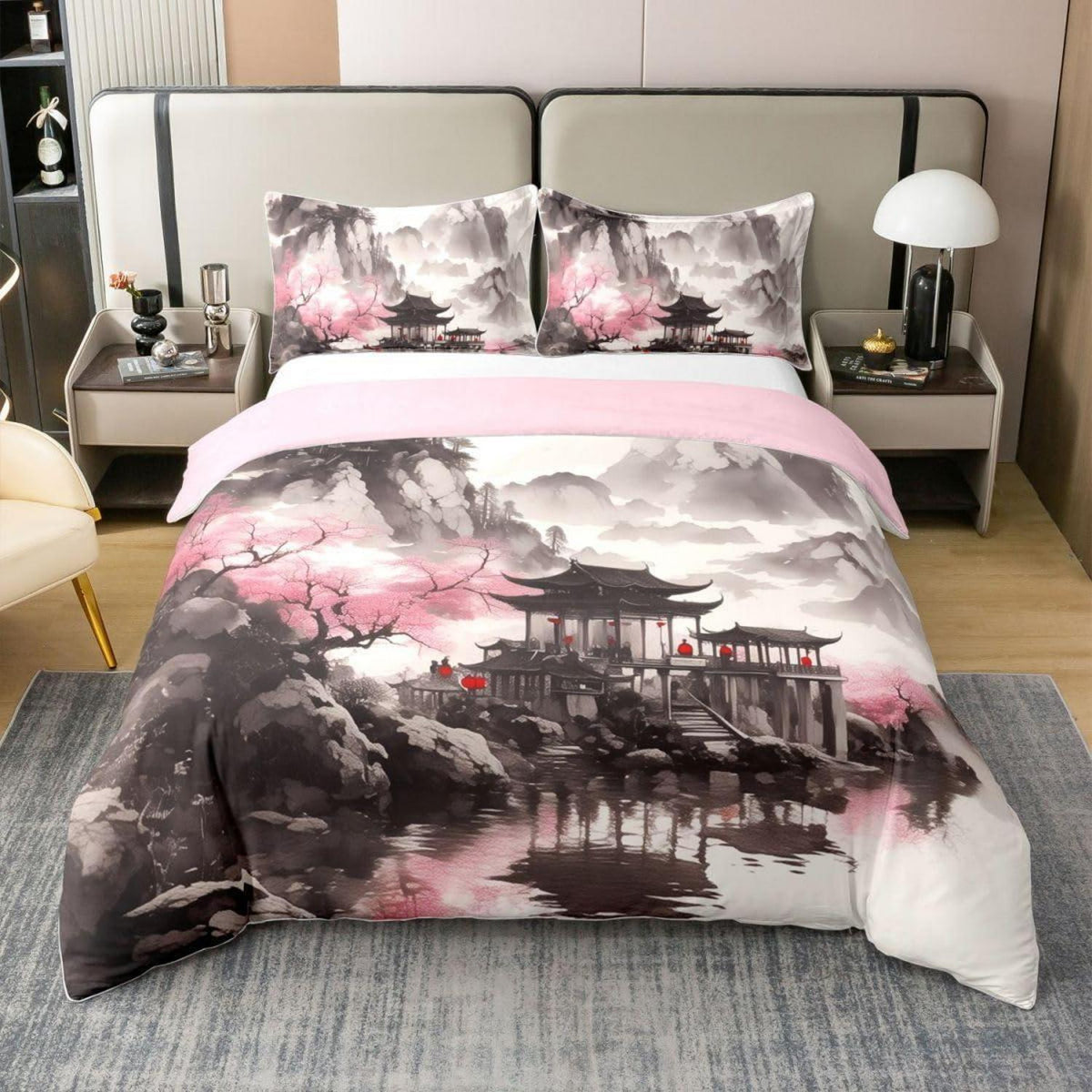 Chinesischer Stil Bettwäsche Set 220x240 Baumwolle Tusche Landschaft