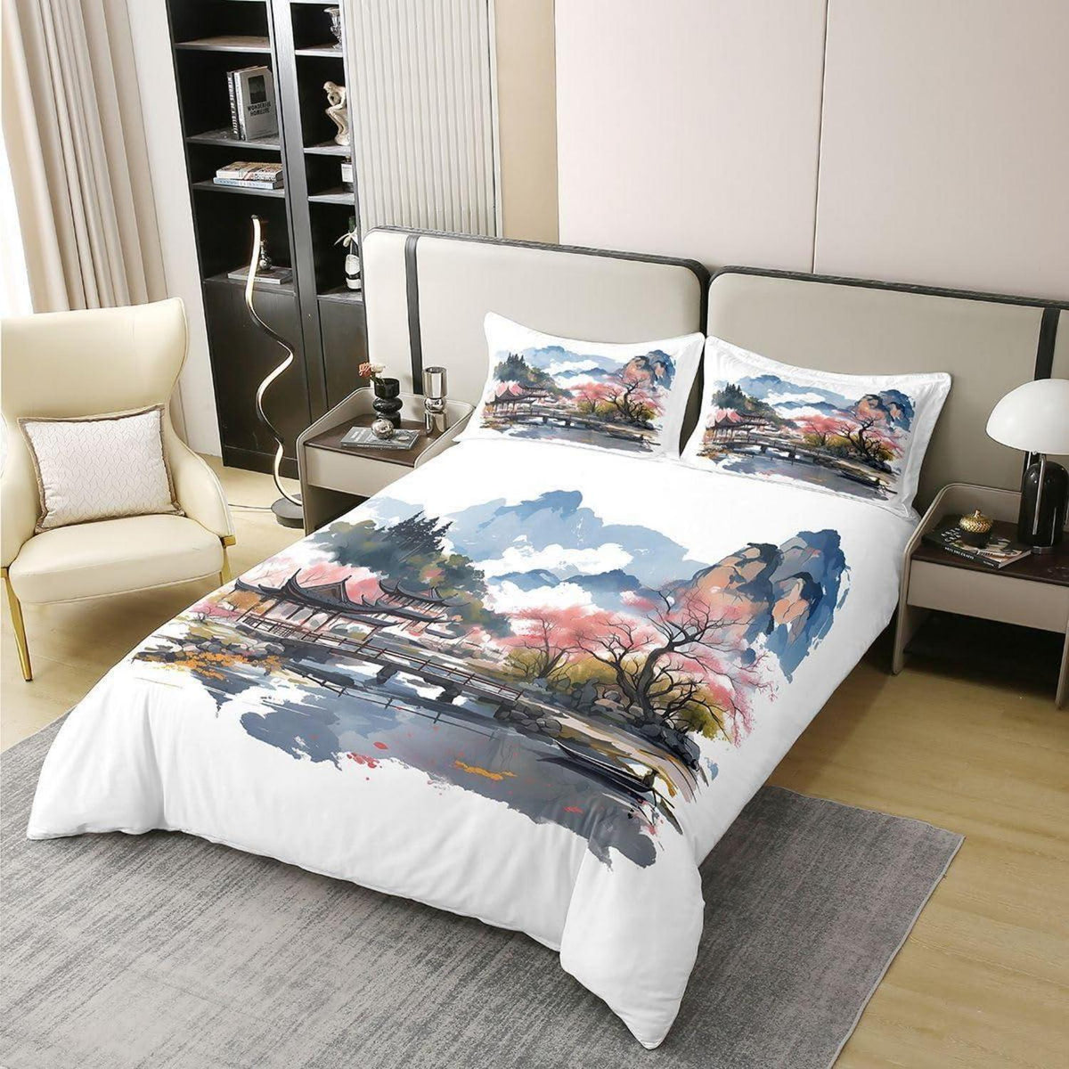 Chinesische Tuschemalerei Bettwäsche Set 200x200 Baumwolle