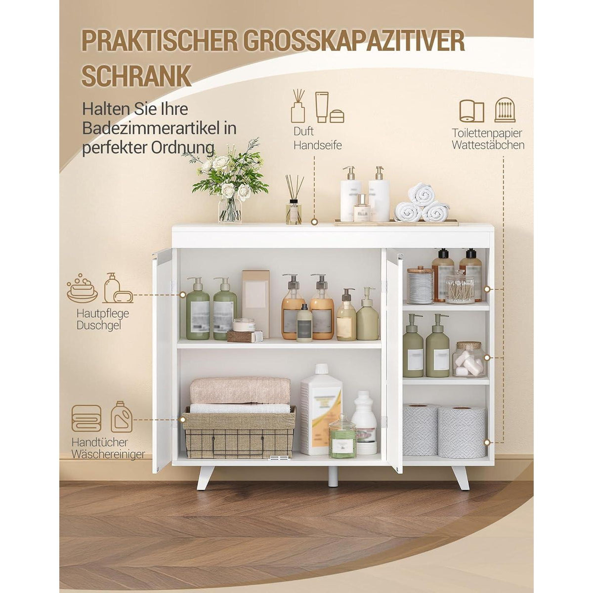 Weißer Badezimmerschrank mit 2 Türen & 3 offenen Regalen