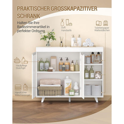 Weißer Badezimmerschrank mit 2 Türen & 3 offenen Regalen
