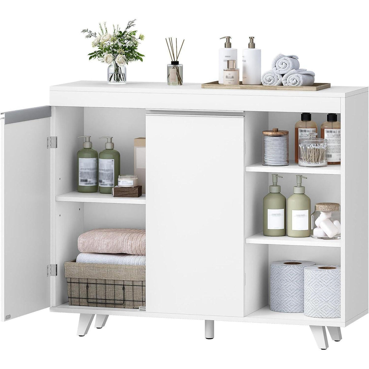 Weißer Badezimmerschrank mit 2 Türen & 3 offenen Regalen