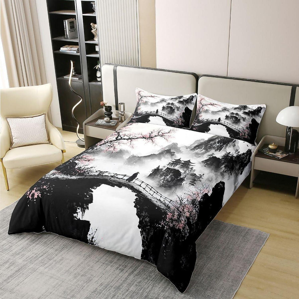Japanischer Tusche-Stil Bettbezug 200x200 Baumwolle