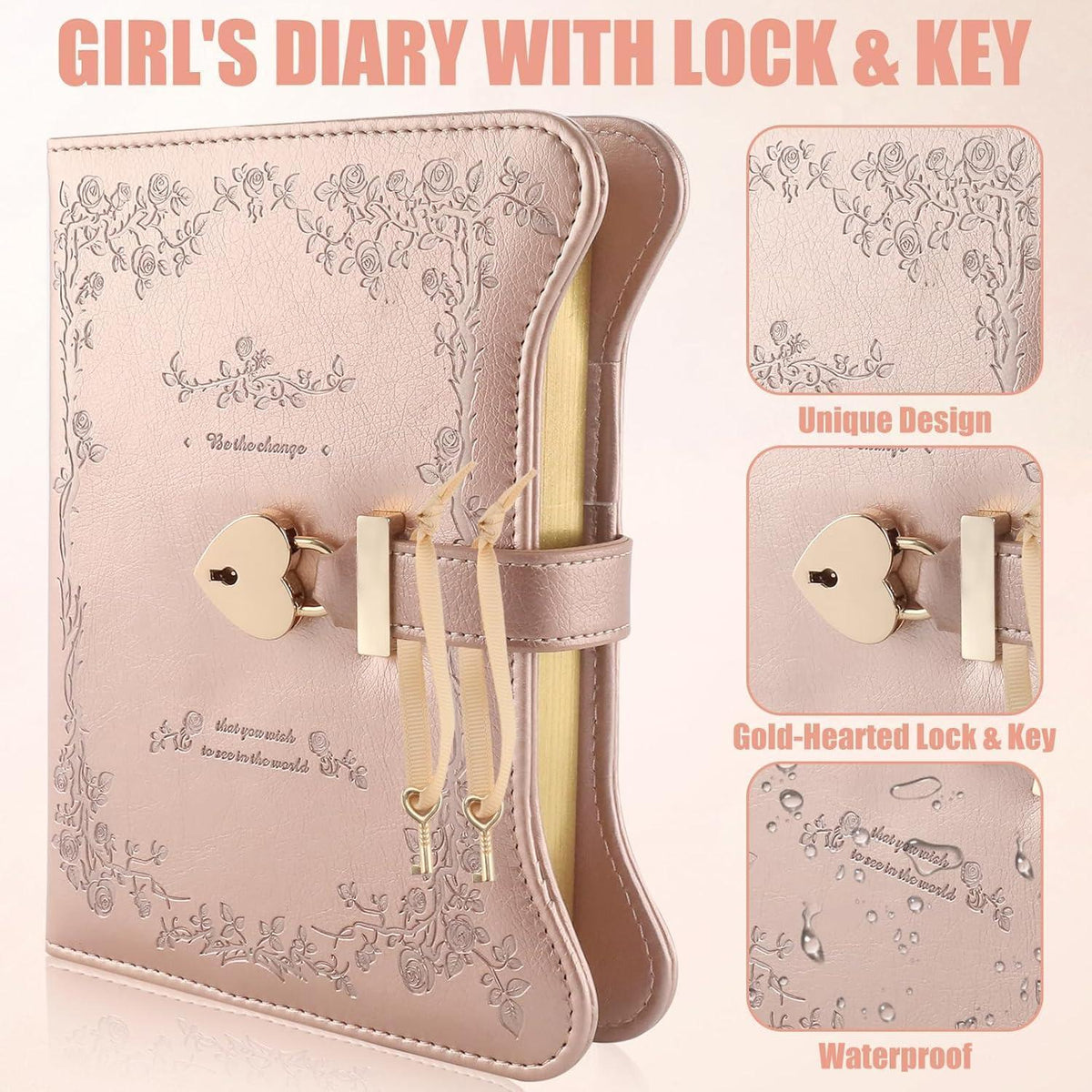 Notizbuch Geschenkset Roségold mit Schloss für Mädchen 9-13 Jahre