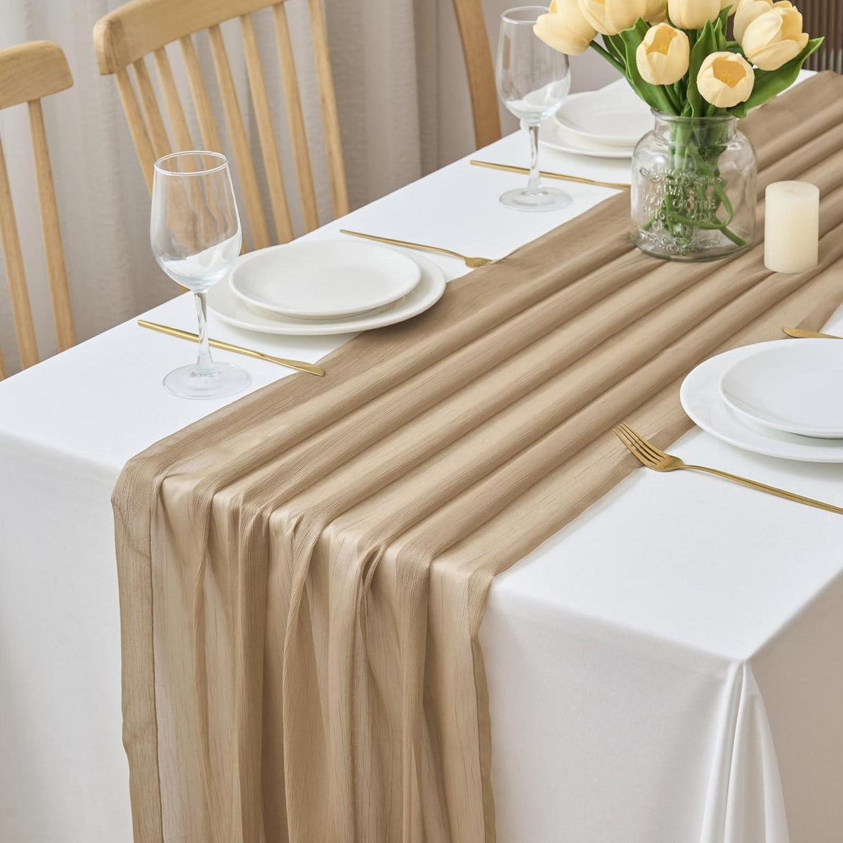 Chiffon Tischläufer 70x300cm – Hochzeit & Feier Deko Khaki Braun