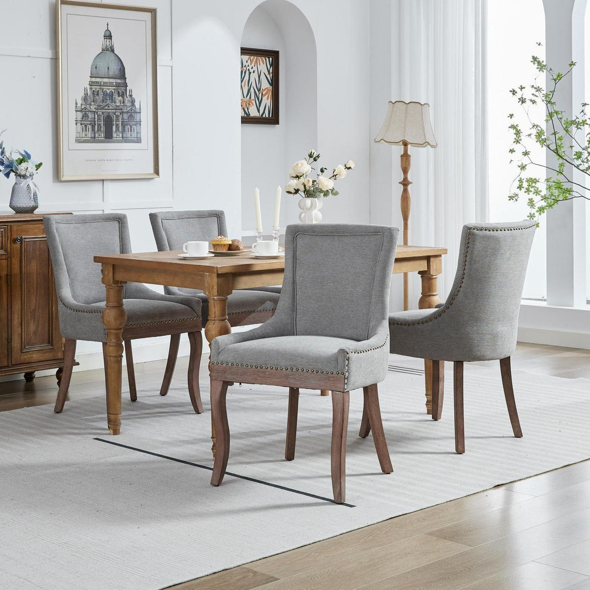 Esszimmerstühle Set 4 Grau – Gepolsterte Chenille Stühle mit Holzbeinen