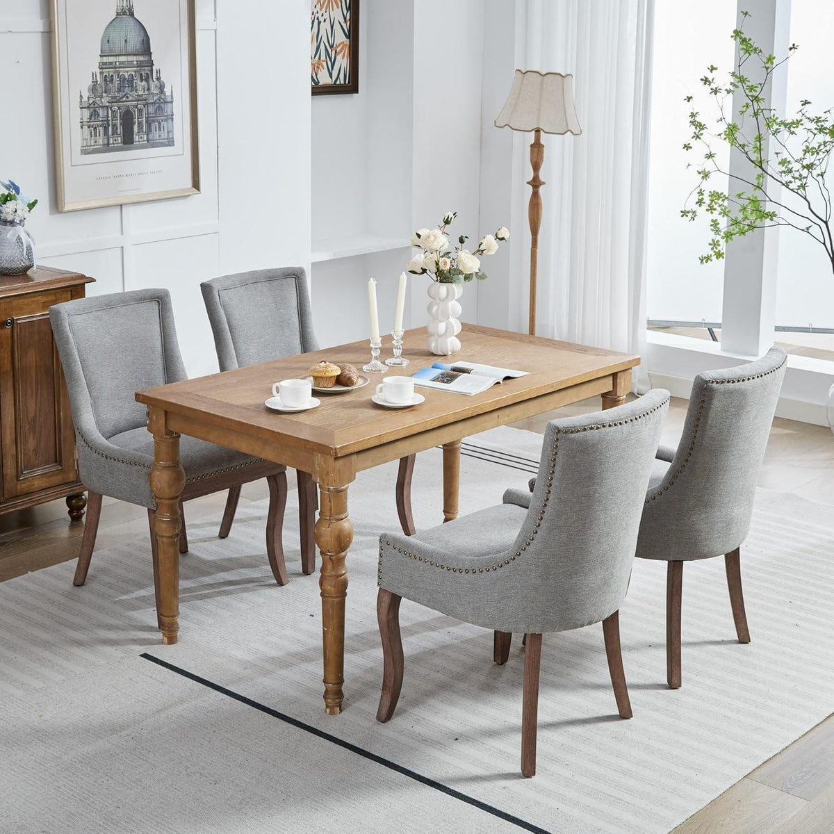 Esszimmerstühle Set 4 Grau – Gepolsterte Chenille Stühle mit Holzbeinen