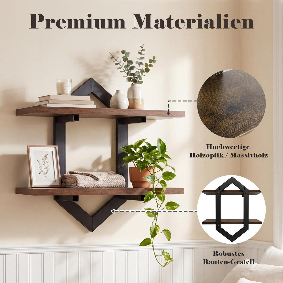 2er-Set Wandregal Holz Metall Rauten-Design Vintage