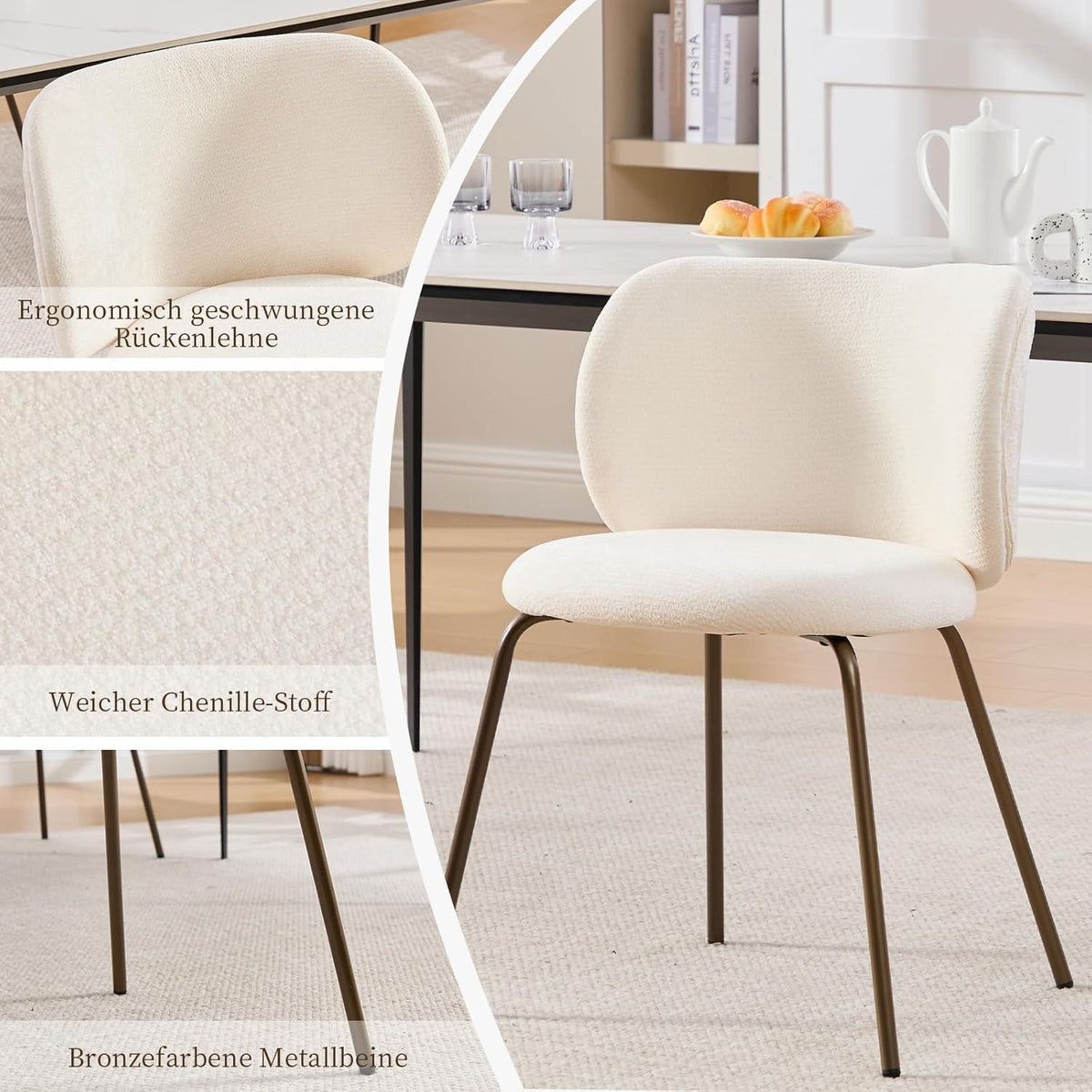 Moderner Esszimmerstuhl Chenille Creme Weiß – Bequemer Polsterstuhl