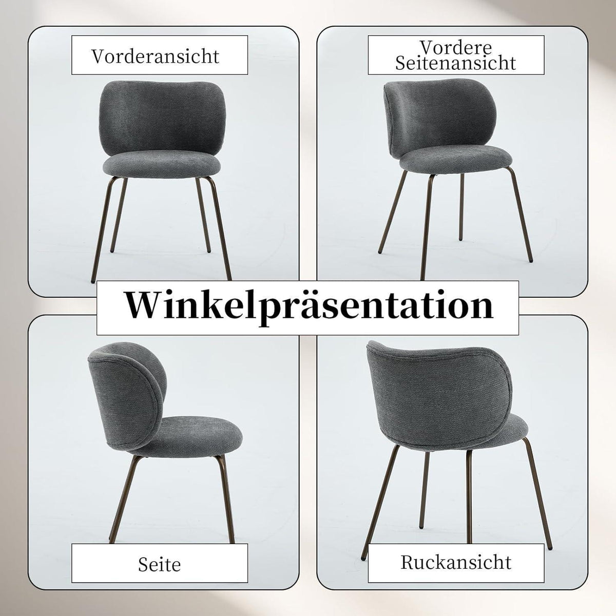 Moderner Esszimmerstuhl Grau, Chenille Stoff & Metallbeine