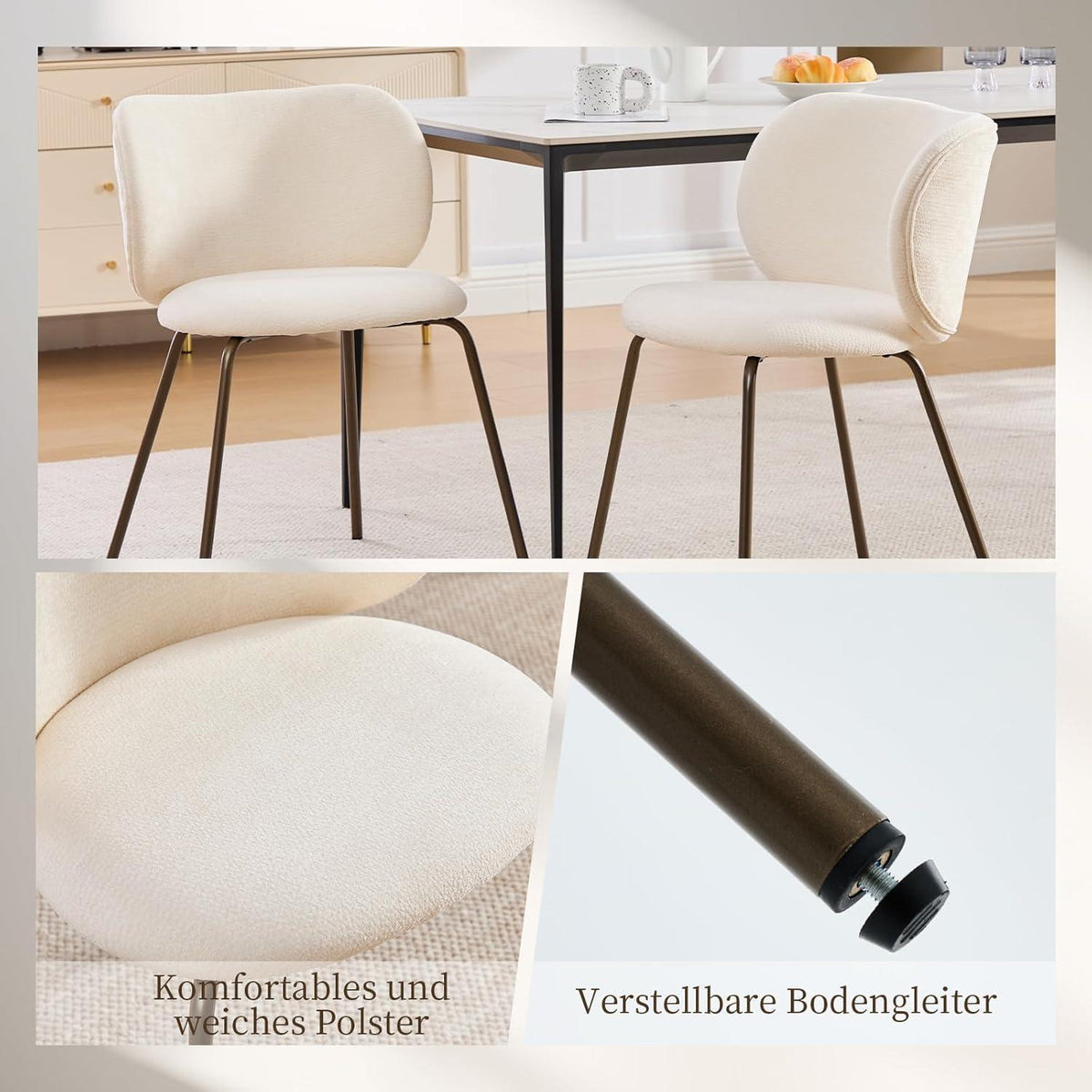 Esszimmerstühle Set 4er – Chenille Stoff, Creme Weiß