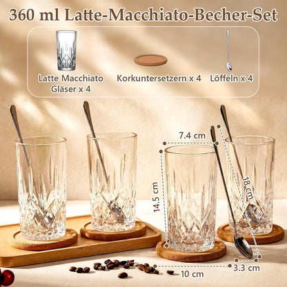 Latte Macchiato Gläser Set mit Löffeln & Untersetzern