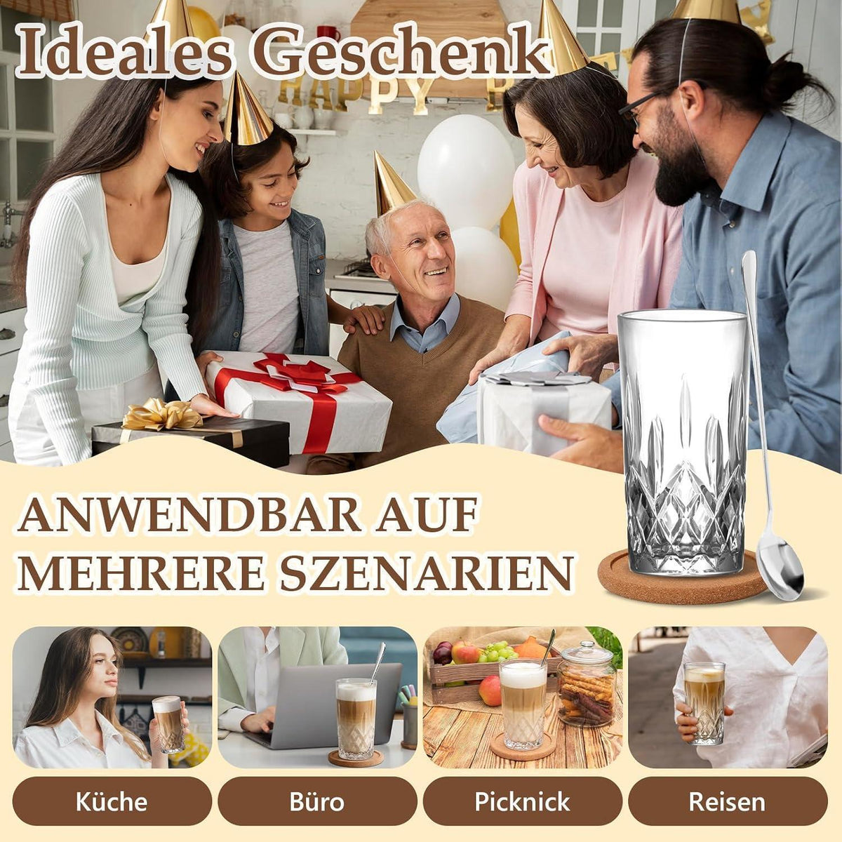 Latte Macchiato Gläser Set mit Löffeln & Untersetzern