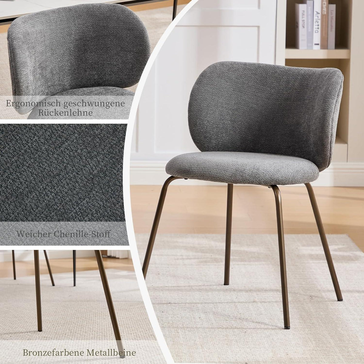 Esszimmerstühle Set Grau, Chenille Stoff, Moderne Küchenstühle
