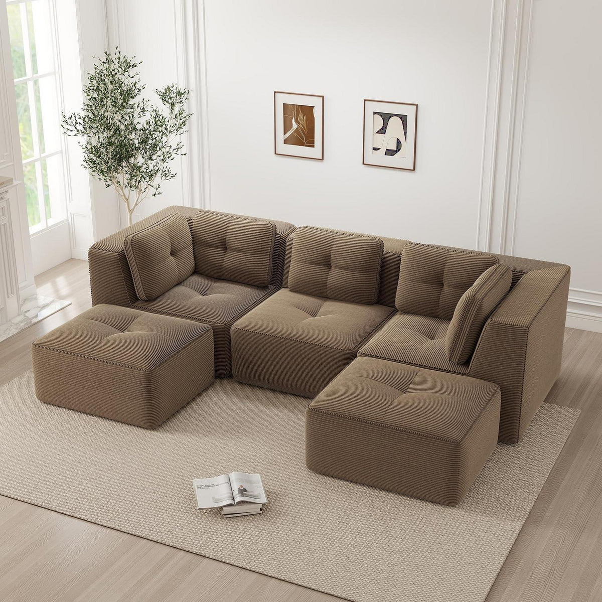 Modulares Ecksofa Cord Braun – Tiefes Sitzsofa, Kein Aufbau