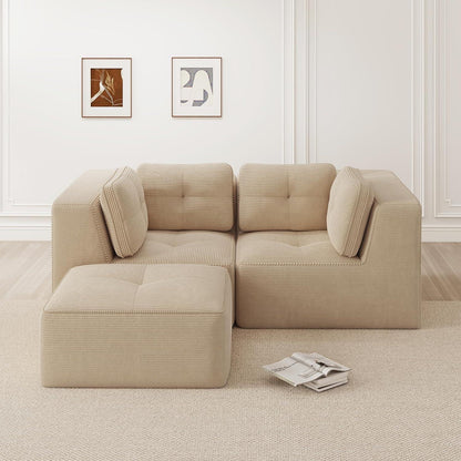 Modulares Ecksofa mit Ottoman – Kein Aufbau, Beige Cord Sofa