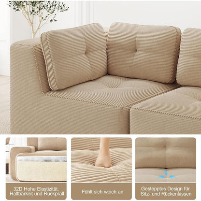 Modulares Ecksofa mit Ottoman – Kein Aufbau, Beige Cord Sofa