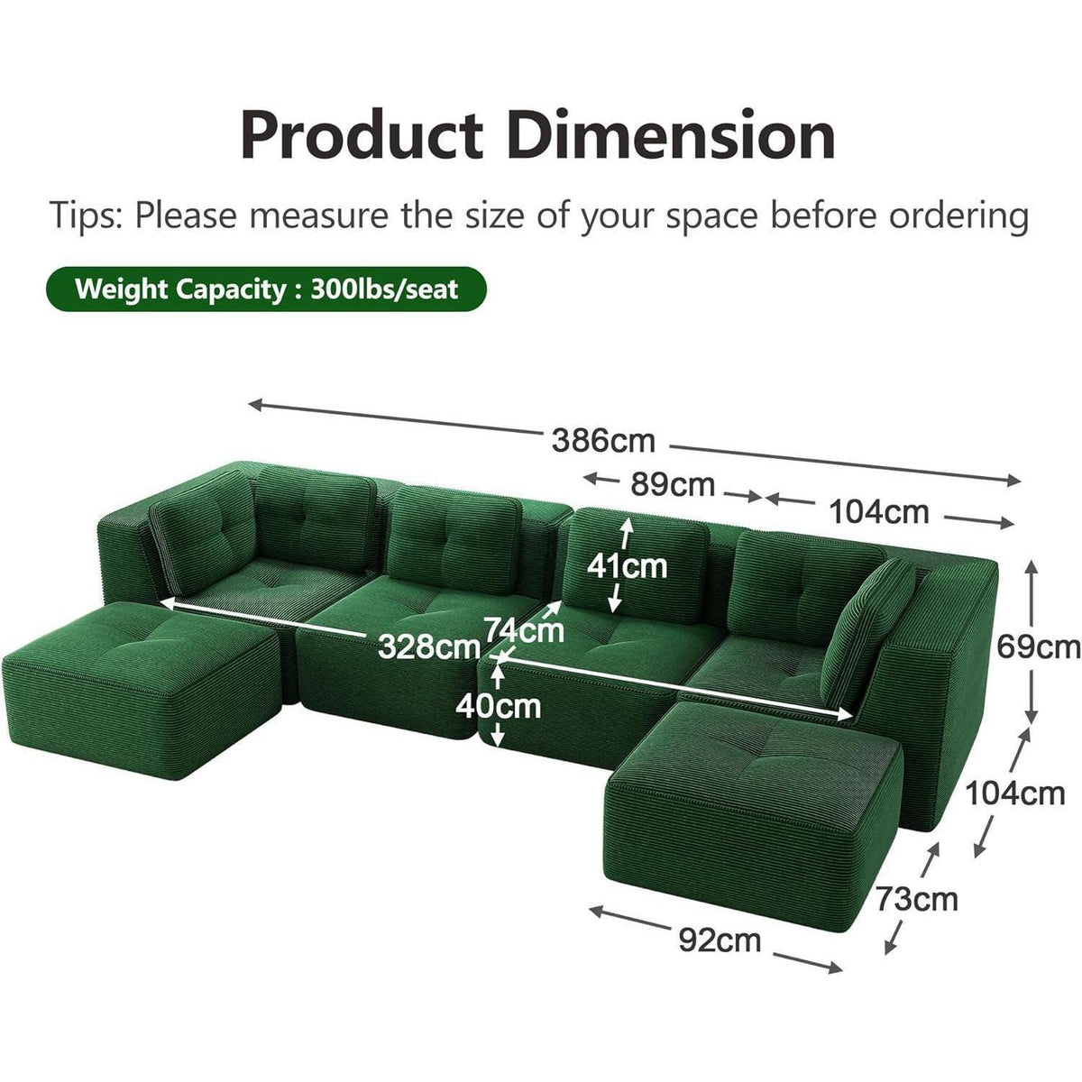 Modulares Ecksofa Grün – Kein Aufbau, Tiefe Sitzfläche & Cordstoff