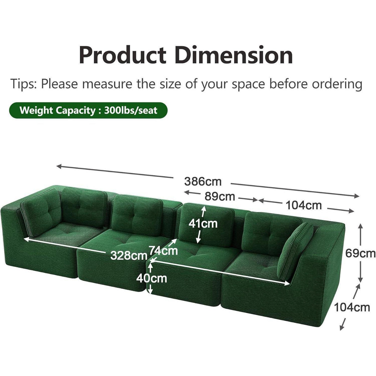 Modulares Ecksofa Grün – Cord, Tiefes Sitzgefühl, Kein Aufbau