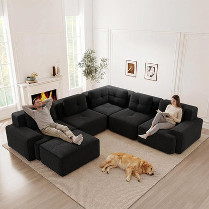 Modulares Ecksofa mit Cord – Tiefes Sitzsofa, Schwarz 2C2S+2O