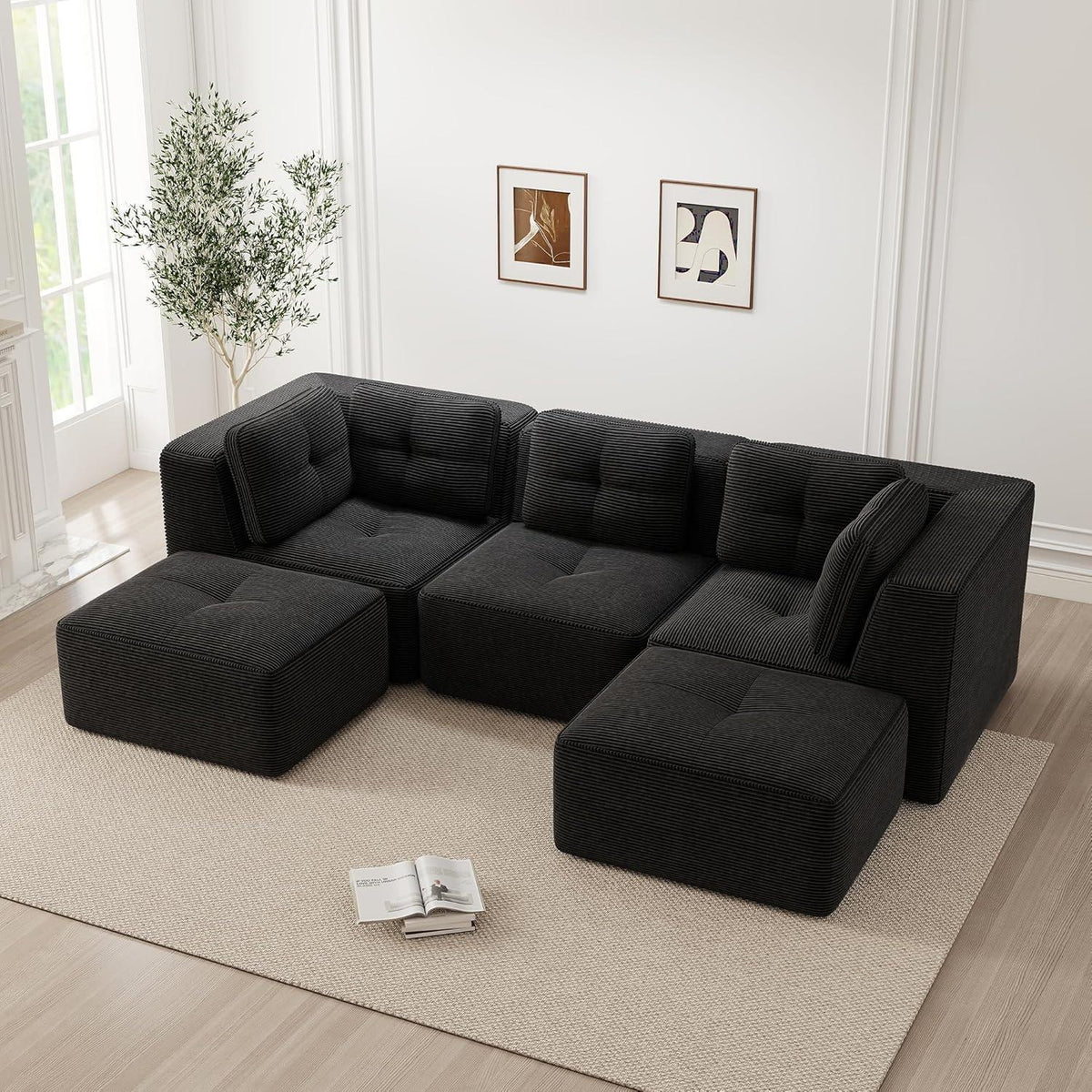 Modulares Ecksofa mit Cord – Tiefes Sitzsofa, Schwarz 2C1S+2O