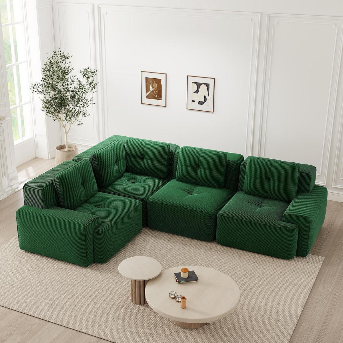 Modulares Ecksofa Grün – Kein Aufbau, Tiefe Sitzfläche & Cordstoff