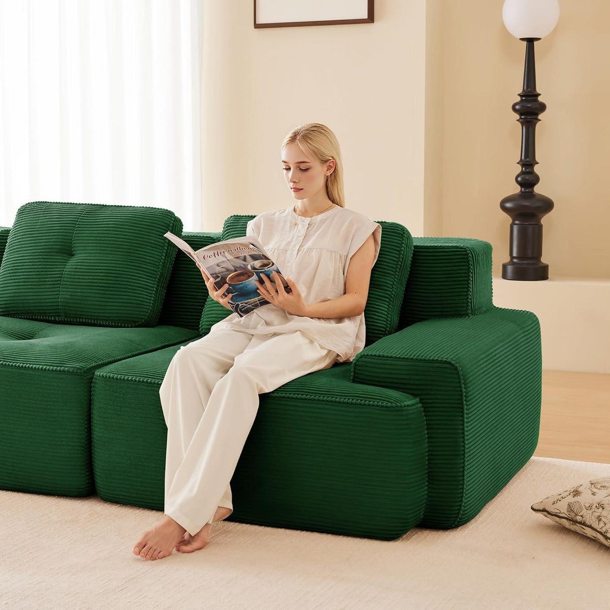 Modulares Ecksofa Grün – Kein Aufbau, Tiefe Sitzfläche & Cordstoff