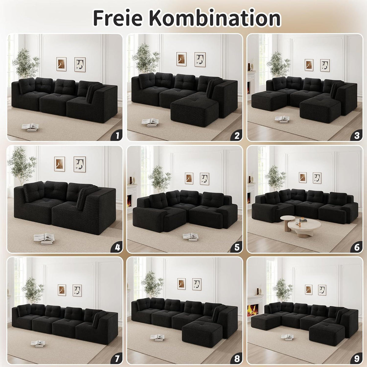 Modulares Ecksofa mit Cord – Tiefes Sitzsofa Schwarz 2C2S+1O