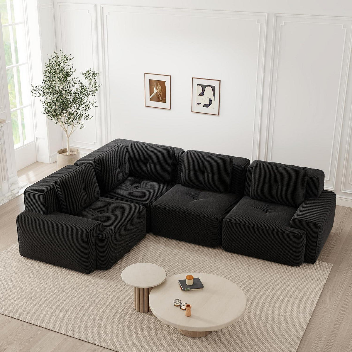Modulares Ecksofa mit Cord – Tiefes Sitzsofa Schwarz 3C1S