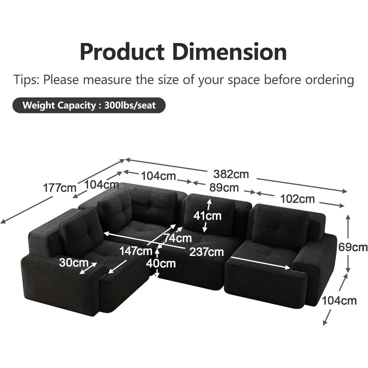 Modulares Ecksofa mit Cord – Tiefes Sitzsofa Schwarz 3C1S