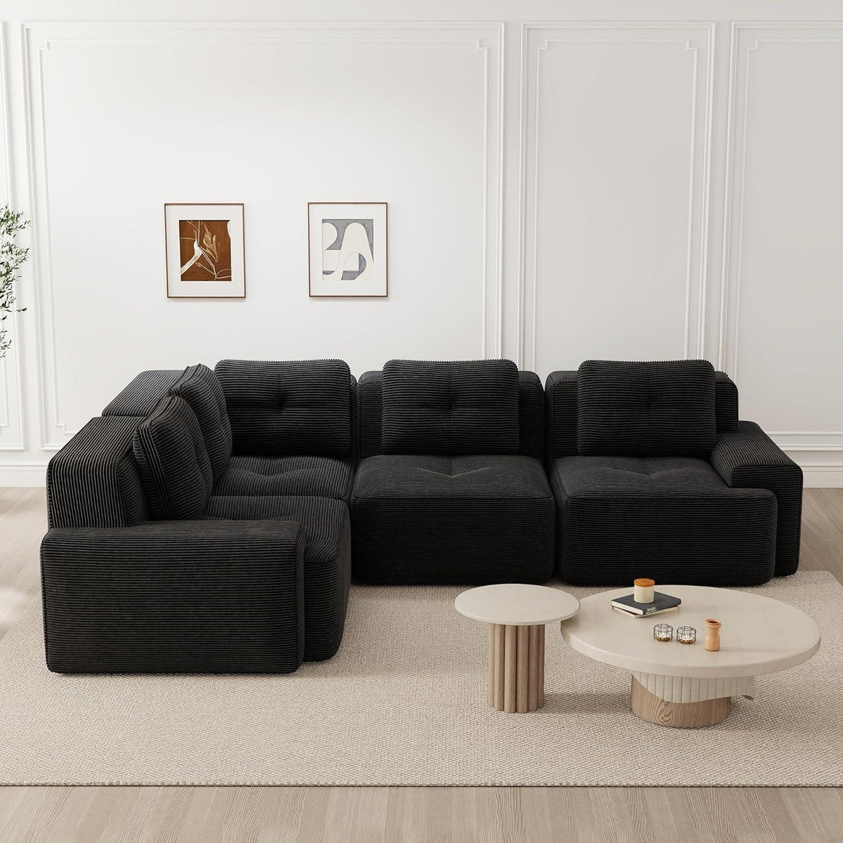 Modulares Ecksofa mit Cord – Tiefes Sitzsofa Schwarz 3C1S