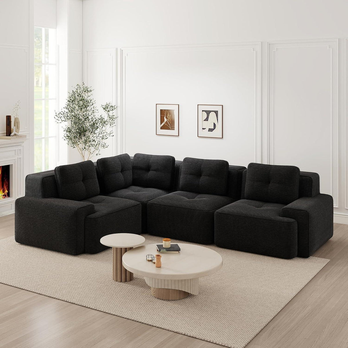 Modulares Ecksofa mit Cord – Tiefes Sitzsofa Schwarz 3C1S