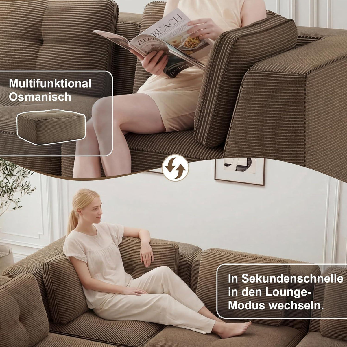 Modulares Ecksofa Cord Braun – Tiefes Sitzsofa ohne Aufbau