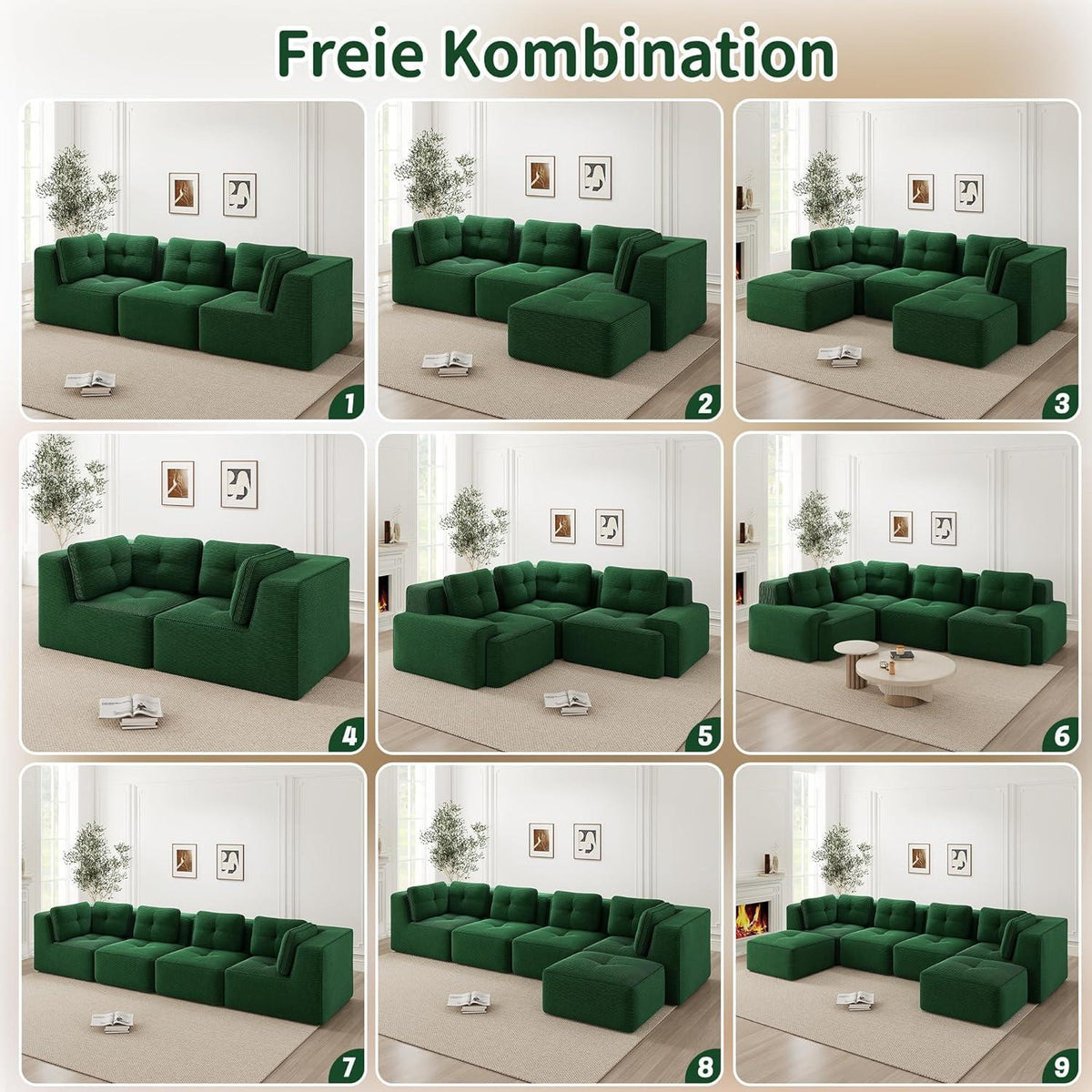 Modulares Ecksofa Grün – Kein Aufbau, Tiefes Cord-Sofa